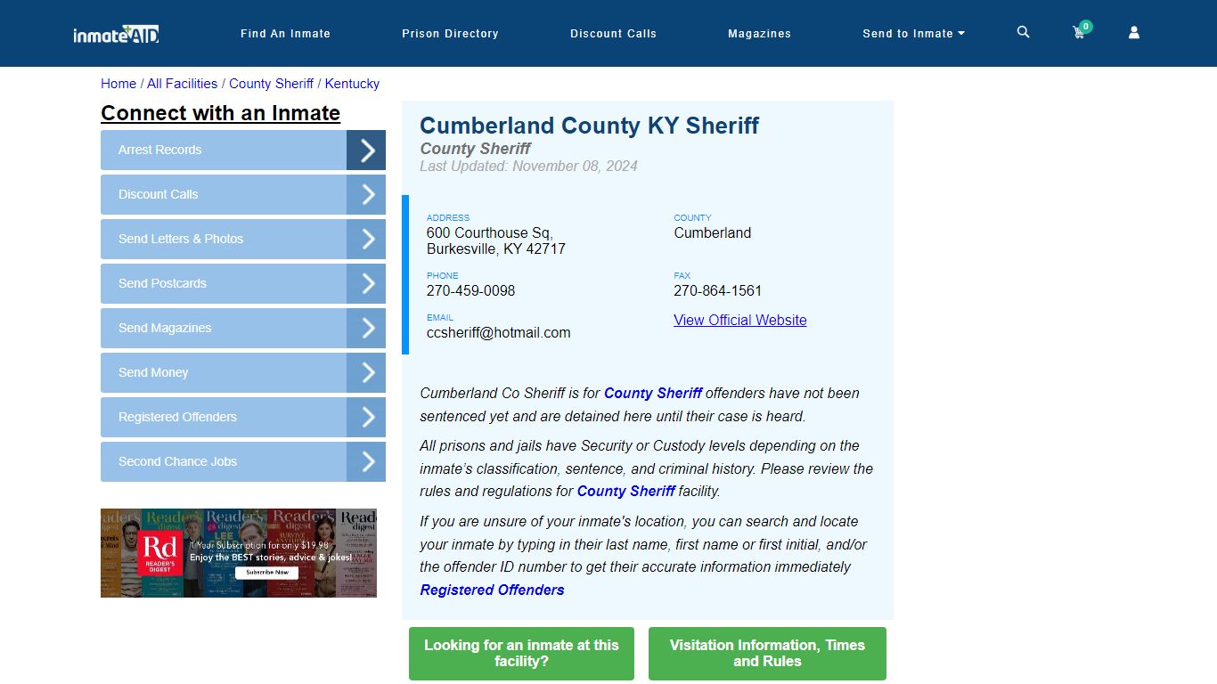 Cumberland County KY Sheriff - Arrests Warrants - InmateAid